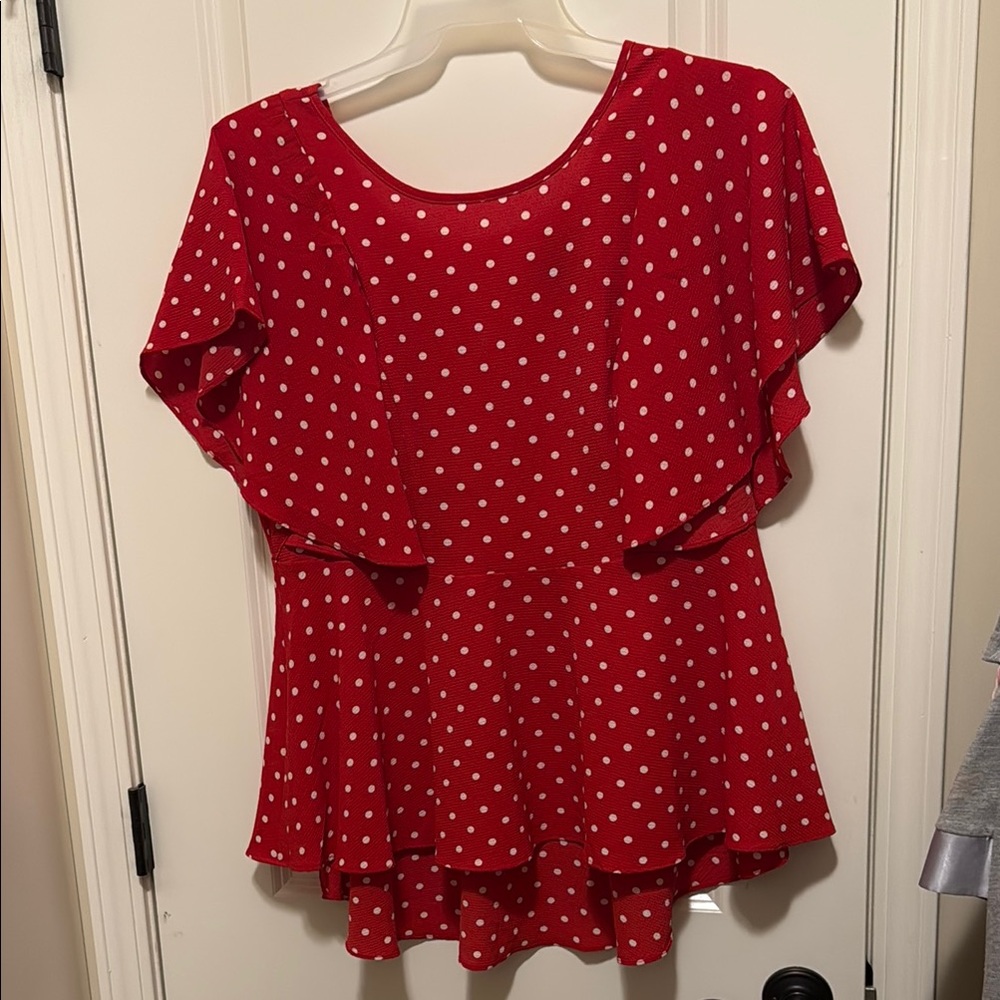 City Chic Red Flutter Sleeve Blouse with Ruffled Asymmetrical Design